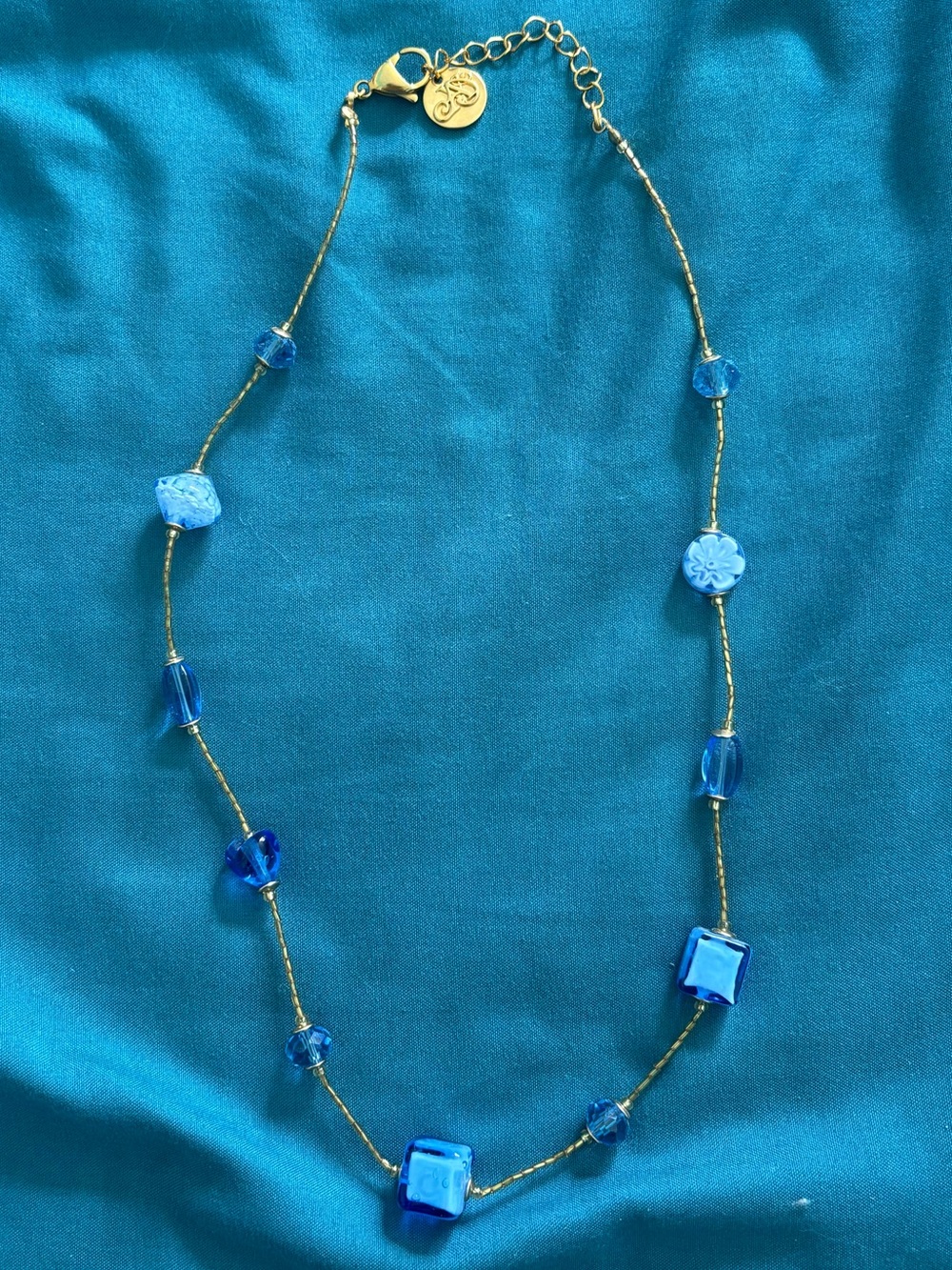 Hand-Blown Italian Blue Glass Necklace - Gold Chain